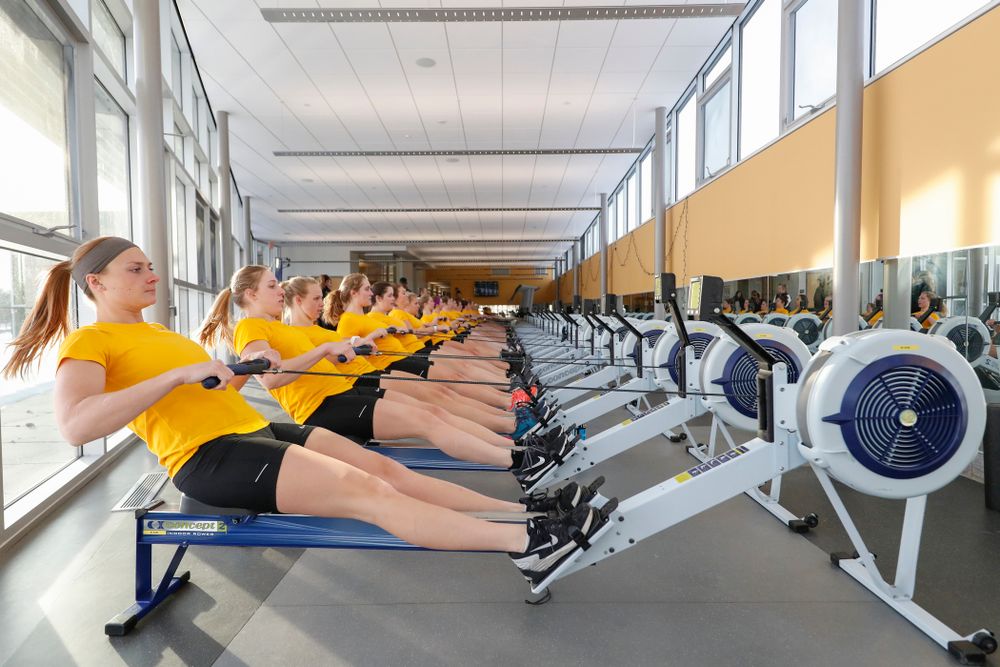 Members of the Iowa Rowing Team workout in the P. Sue Beckwith, M.D., Boathouse Monday, February 12, 2018 in Iowa City. (Brian Ray/hawkeyesports.com)