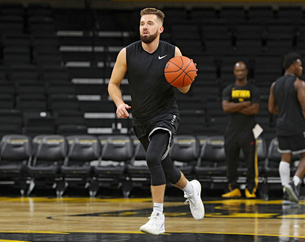 Iowa Hawkeyes guard Jordan Bohannon (3) brings the ball down the court during practice at Carver-Hawkeye Arena in Iowa City on Wednesday, Oct 9, 2019. (Stephen Mally/hawkeyesports.com)