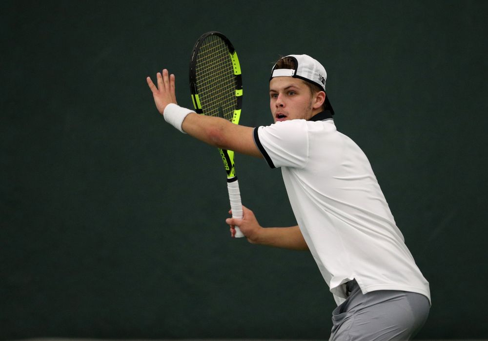 Iowa's Will Davies against Western Michigan Saturday, January 19, 2019 at the Hawkeye Tennis and Recreation Complex. (Brian Ray/hawkeyesports.com)