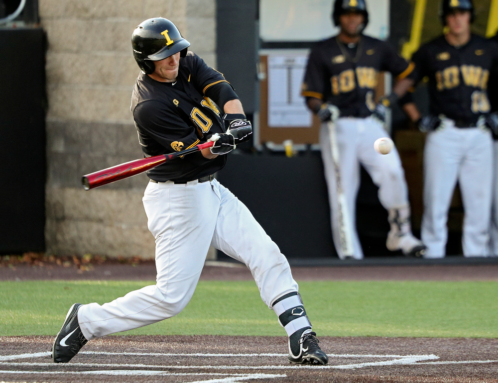 Iowa catcher Austin Martin (34) drives a pitch for a hit during the fourth inning of the first game of the Black and Gold Fall World Series at Duane Banks Field in Iowa City on Tuesday, Oct 15, 2019. (Stephen Mally/hawkeyesports.com)
