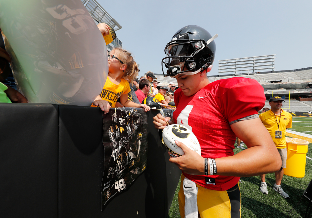Iowa Hawkeyes quarterback Nathan Stanley (4) during Kids Day Saturday, August 11, 2018 at Kinnick Stadium. (Brian Ray/hawkeyesports.com)
