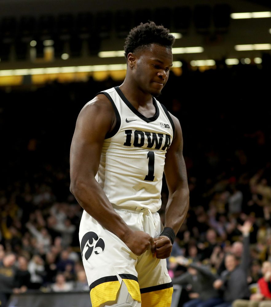 Iowa Hawkeyes guard Joe Toussaint (1) against the Ohio State Buckeyes Thursday, February 20, 2020 at Carver-Hawkeye Arena. (Brian Ray/hawkeyesports.com)