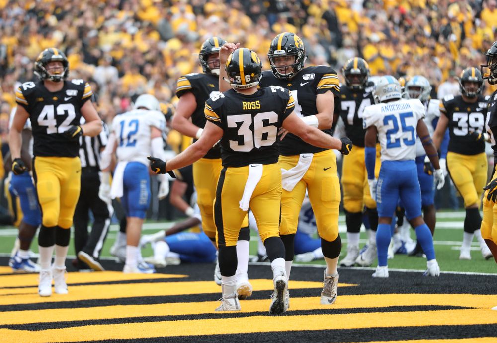 Iowa Hawkeyes fullback Brady Ross (36) celebrates a touchdown against Middle Tennessee State Saturday, September 28, 2019 at Kinnick Stadium. (Max Allen/hawkeyesports.com)