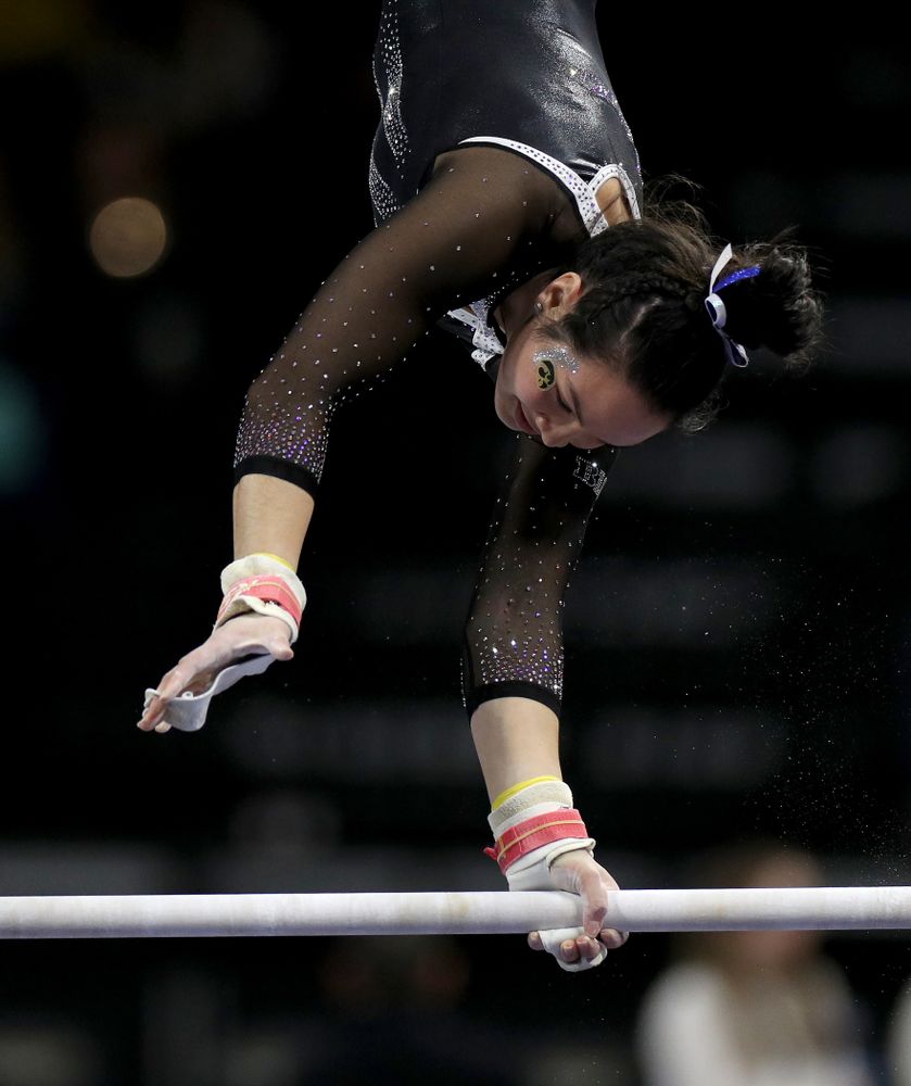 Iowa’s Carina Tolan competes on the bars against Michigan State Saturday, February 1, 2020 at Carver-Hawkeye Arena. (Brian Ray/hawkeyesports.com)