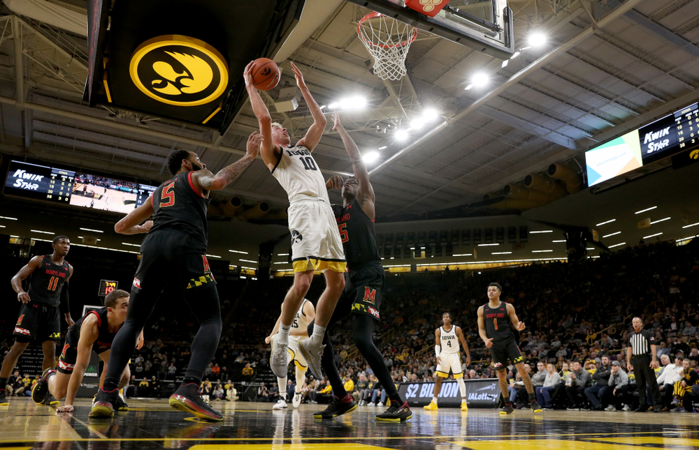 Iowa Hawkeyes guard Joe Wieskamp (10) against the Maryland Terrapins Friday, January 10, 2020 at Carver-Hawkeye Arena. (Brian Ray/hawkeyesports.com)