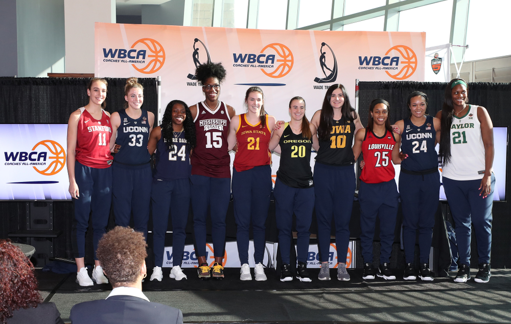 Iowa Hawkeyes forward Megan Gustafson (10) is announced as a WBCA All American Wednesday, April 4, 2018 at Amalie Arena in Tampa, FL. (Brian Ray/hawkeyesports.com)