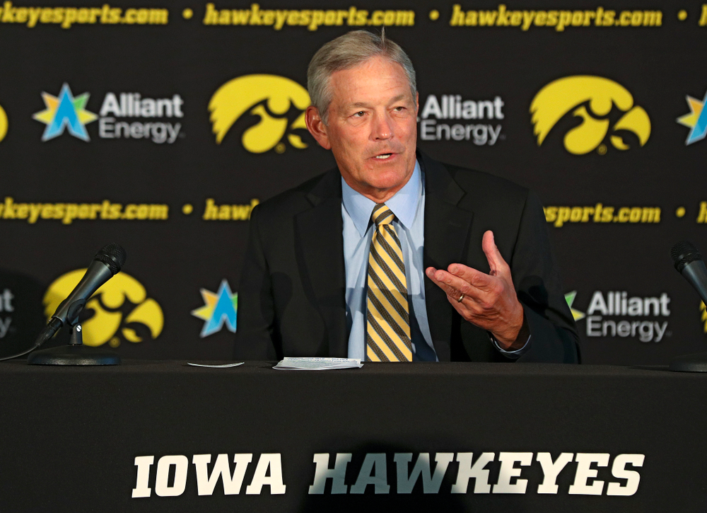 Iowa Hawkeyes head coach Kirk Ferentz answers questions during Iowa Football Media Day at Carver-Hawkeye Arena in Iowa City on Friday, Aug 9, 2019. (Stephen Mally/hawkeyesports.com)