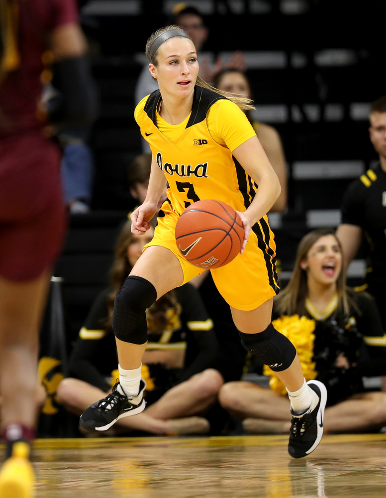 Iowa Hawkeyes guard Makenzie Meyer (3) against the Minnesota Golden Gophers Thursday, February 27, 2020 at Carver-Hawkeye Arena. (Brian Ray/hawkeyesports.com)