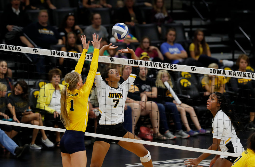 Iowa Hawkeyes setter Gabrielle Orr (7) against the Michigan Wolverines Sunday, September 23, 2018 at Carver-Hawkeye Arena. (Brian Ray/hawkeyesports.com)