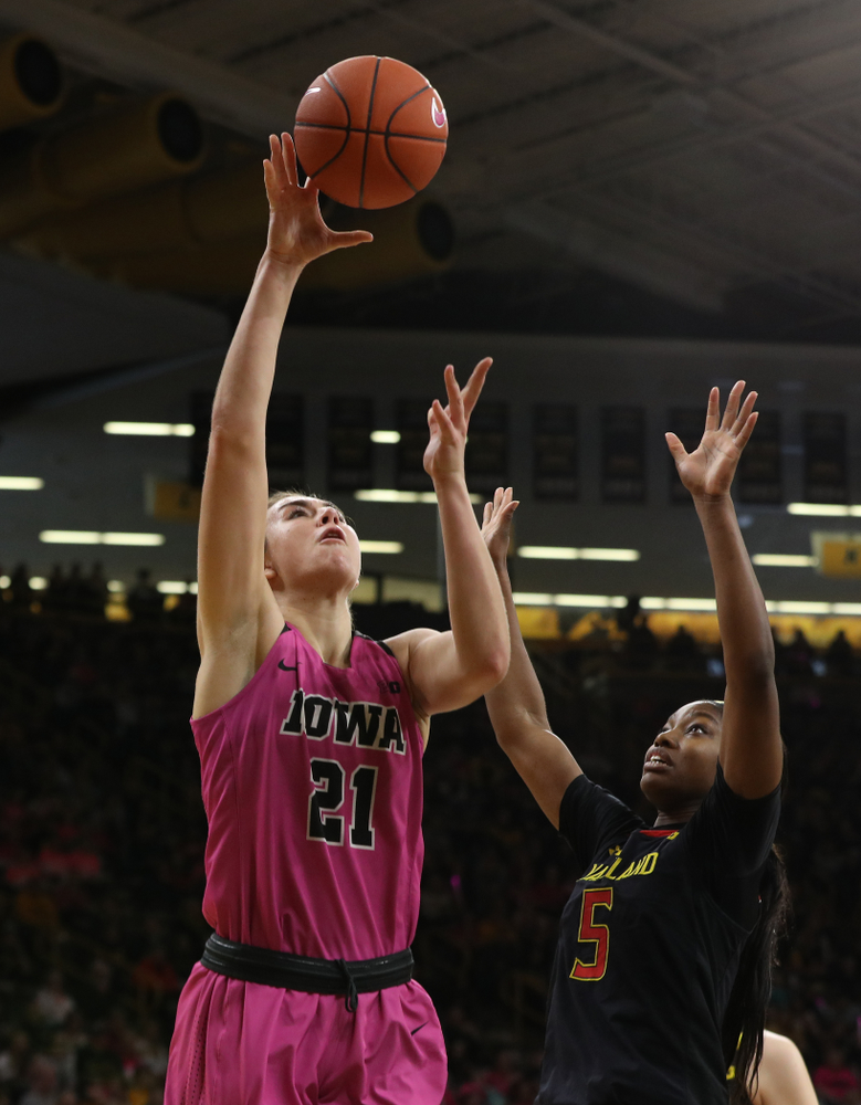 Iowa Hawkeyes forward Hannah Stewart (21) against the seventh ranked Maryland Terrapins Sunday, February 17, 2019 at Carver-Hawkeye Arena. (Brian Ray/hawkeyesports.com)