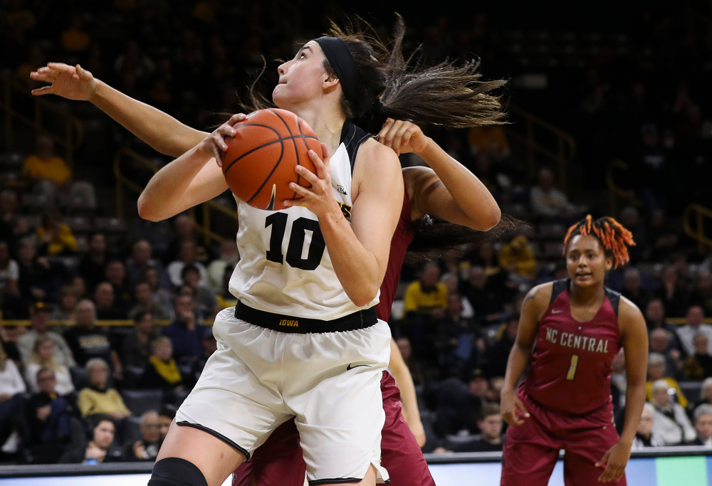 Iowa Hawkeyes forward Megan Gustafson (10) goes up for a shot during a game against North Carolina Central at Carver-Hawkeye Arena on November 17, 2018. (Tork Mason/hawkeyesports.com)