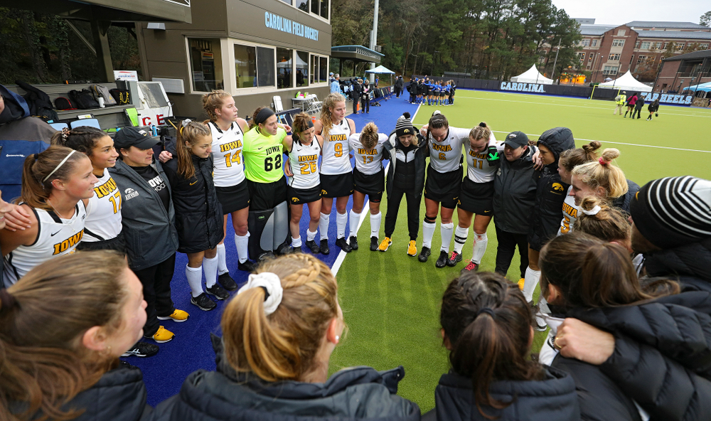 Iowa head coach Lisa Cellucci talks with her team after winning their NCAA Tournament First Round match against Duke at Karen Shelton Stadium in Chapel Hill, N.C. on Friday, Nov 15, 2019. (Stephen Mally/hawkeyesports.com)