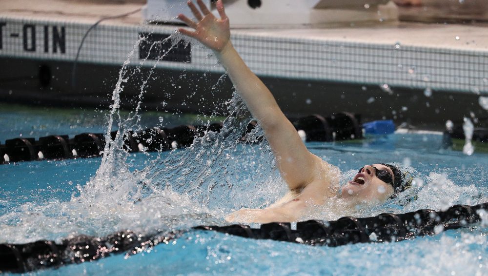 Iowa's Jacob Rosenkoetter competes in the 400-yard medley relay during a meet against Michigan and Denver at the Campus Recreation and Wellness Center on November 3, 2018. (Tork Mason/hawkeyesports.com)