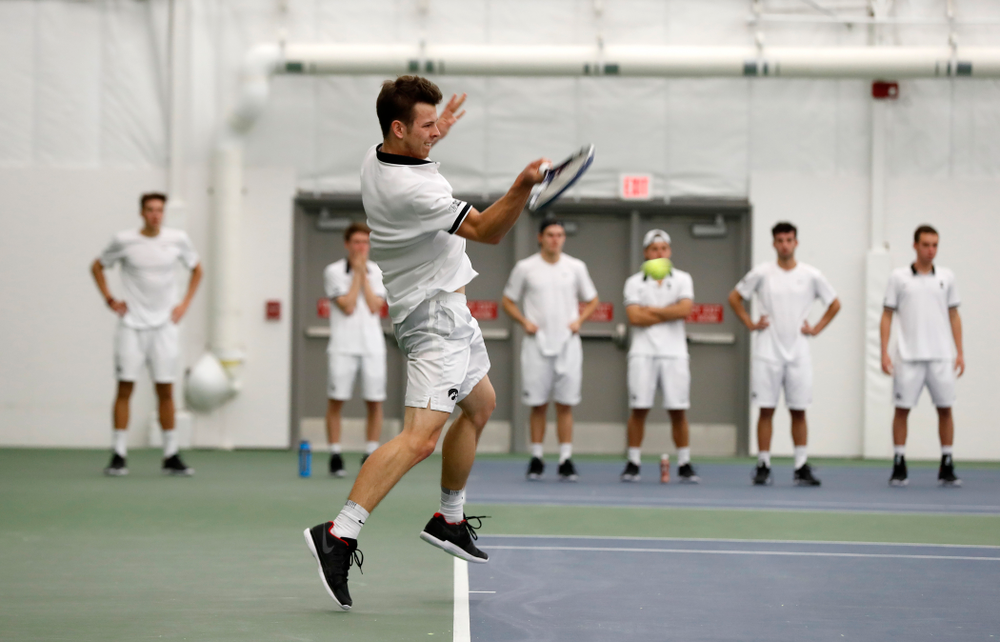 Piotr Smietana against Purdue Sunday, April 15, 2018 at the Hawkeye Tennis and Recreation Center. (Brian Ray/hawkeyesports.com)