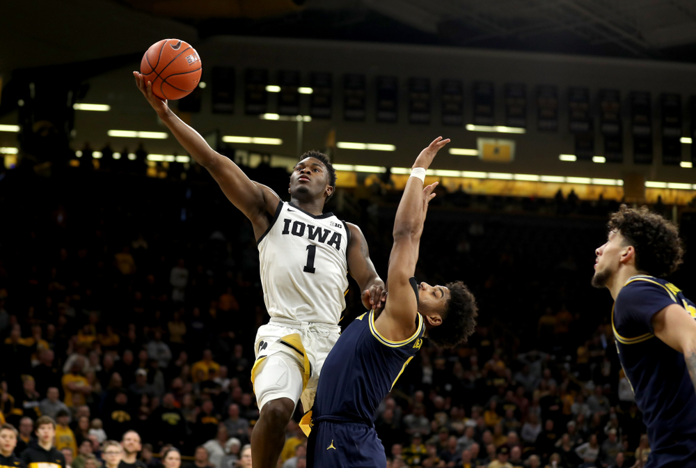 Iowa Hawkeyes guard Joe Toussaint (1) against the Michigan Wolverines Friday, January 17, 2020 at Carver-Hawkeye Arena. (Brian Ray/hawkeyesports.com)