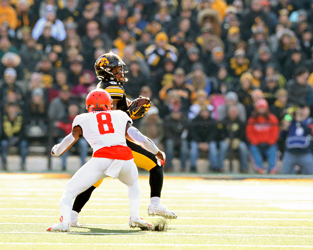 Iowa Hawkeyes wide receiver Tyrone Tracy Jr. (3) pulls in a pass during the second quarter of their game at Kinnick Stadium in Iowa City on Saturday, Nov 23, 2019. (Stephen Mally/hawkeyesports.com)