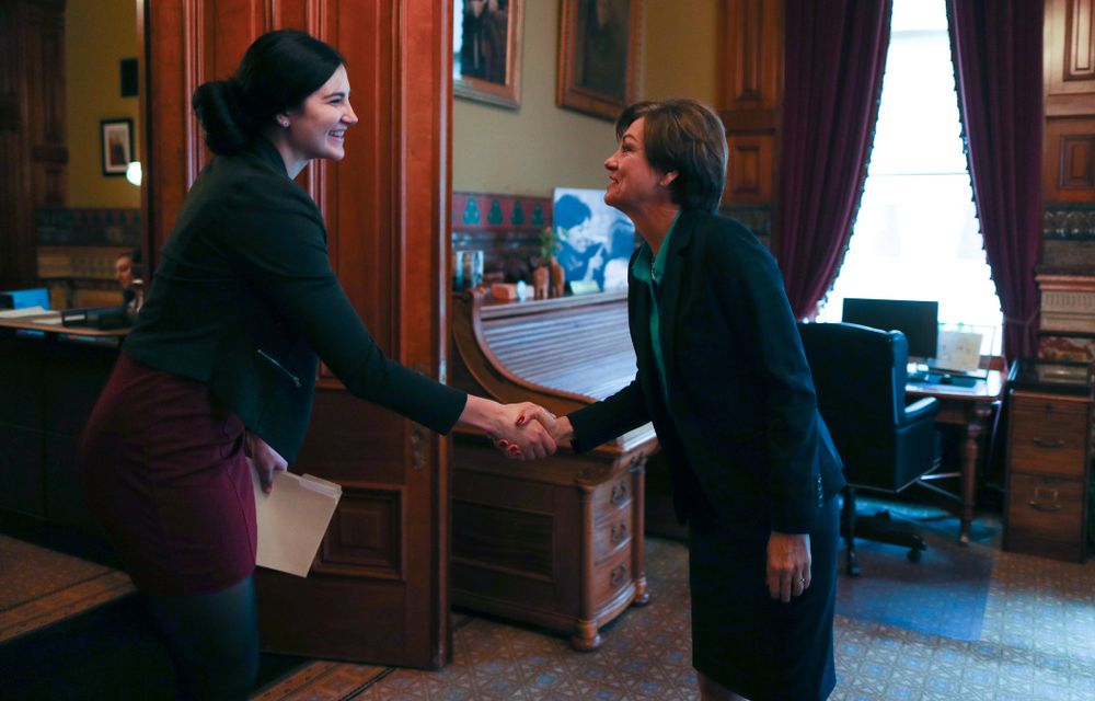 IowaÕs Megan Gustafson meets with Governor Kim Reynolds and Lt. Governor Adam Gregg at the Iowa State Capitol Wednesday, April 24, 2019 in Des Moines. (Brian Ray/hawkeyesports.com)