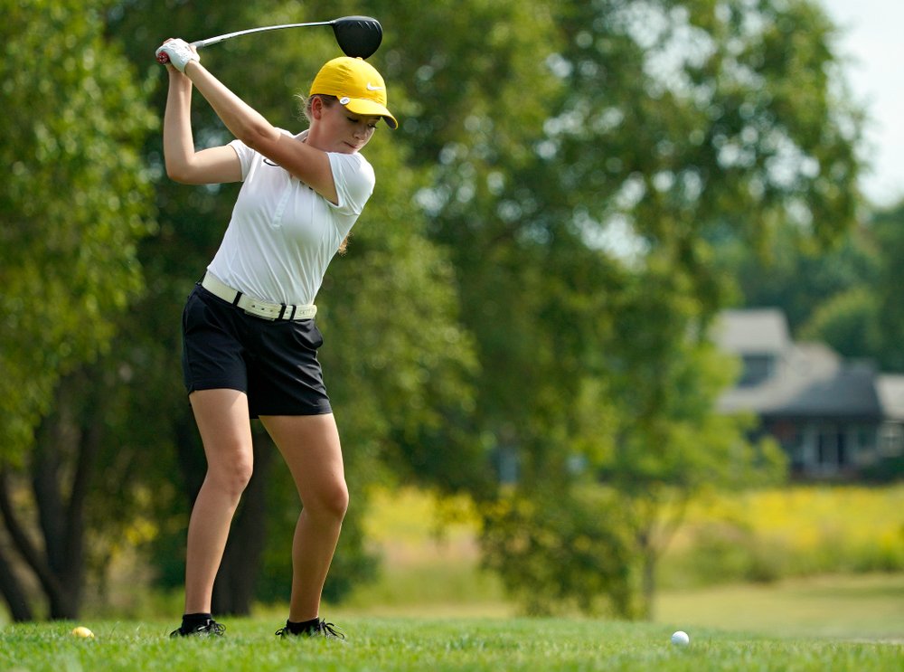 Iowa’s Jacquelyn Galloway tees off during their dual against Northern Iowa at Pheasant Ridge Golf Course in Cedar Falls on Monday, Sep 2, 2019. (Stephen Mally/hawkeyesports.com)