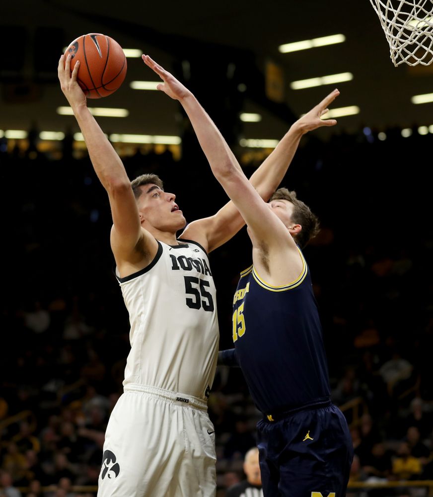 Iowa Hawkeyes forward Luka Garza (55) against the Michigan Wolverines Friday, January 17, 2020 at Carver-Hawkeye Arena. (Brian Ray/hawkeyesports.com)