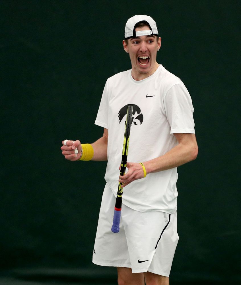 Iowa’s Nikita Snezhko against Cornell Sunday, March 8, 2020 at the Hawkeye Tennis and Recreation Center. (Brian Ray/hawkeyesports.com)