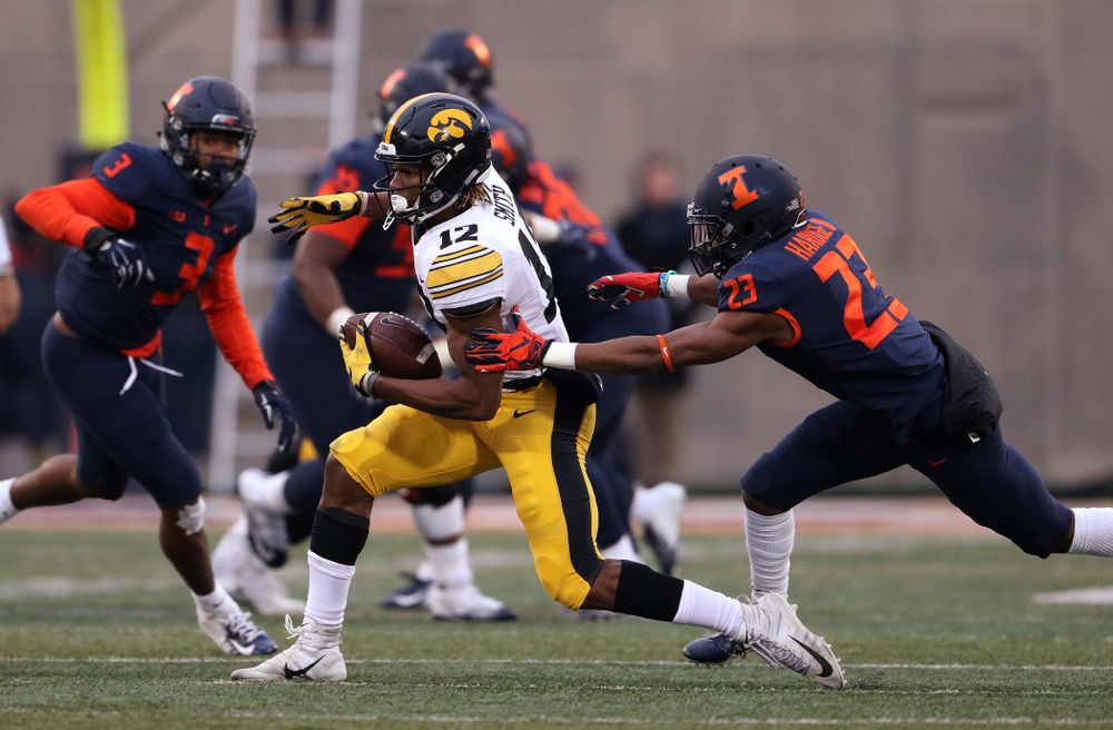 Iowa Hawkeyes wide receiver Brandon Smith (12) against the Illinois Fighting Illini Saturday, November 17, 2018 at Memorial Stadium in Champaign, Ill. (Brian Ray/hawkeyesports.com)