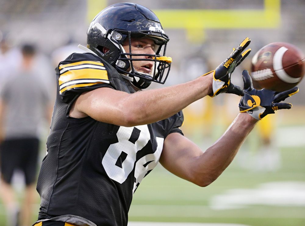 Iowa Hawkeyes tight end Sam LaPorta (84) pulls in a pass during Fall Camp Practice No. 12 at Kinnick Stadium in Iowa City on Thursday, Aug 15, 2019. (Stephen Mally/hawkeyesports.com)