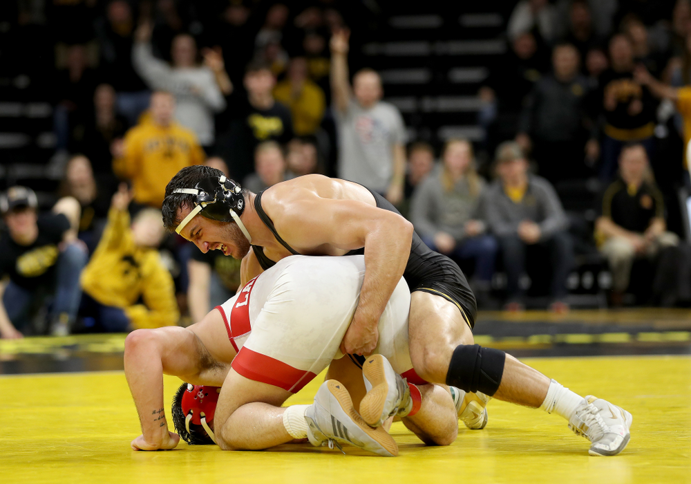 Iowa’s Michael Kemerer wrestles Nebraska’s Mickey Labriola at 174 pounds Saturday, January 18, 2020 at Carver-Hawkeye Arena. Kemerer won the match 3-1. (Brian Ray/hawkeyesports.com)