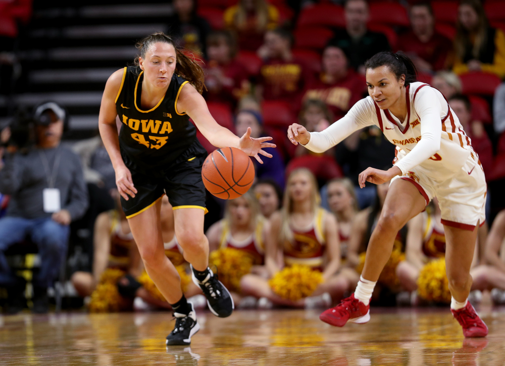 Iowa Hawkeyes forward Amanda Ollinger (43) against the Iowa State Cyclones Wednesday, December 11, 2019 at Hilton Coliseum in Ames, Iowa(Brian Ray/hawkeyesports.com)