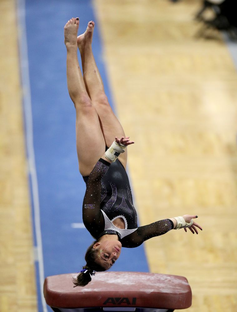 Iowa’s Ariana Agrapides competes on the vault against Michigan State Saturday, February 1, 2020 at Carver-Hawkeye Arena. (Brian Ray/hawkeyesports.com)