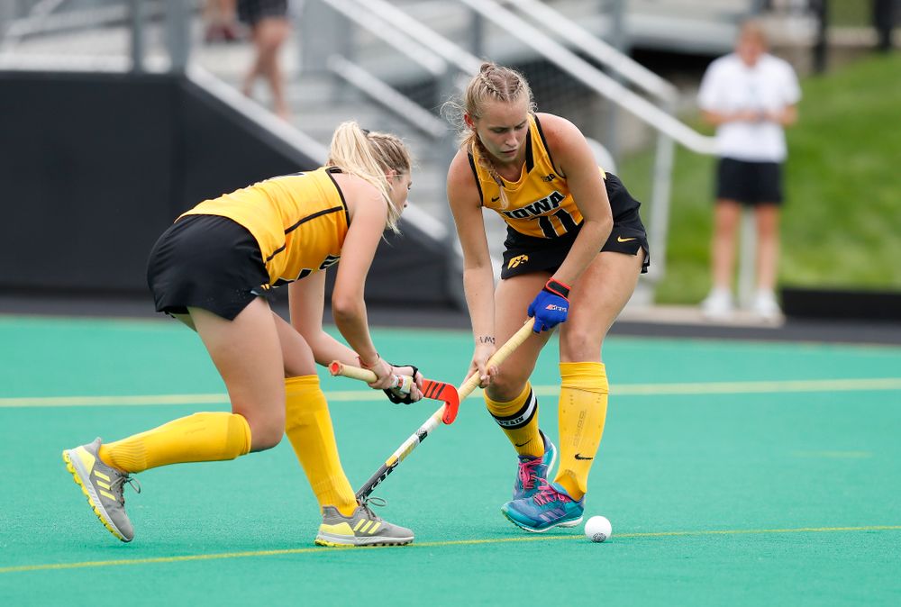 Iowa Hawkeyes Katie Birch (11) and Ellie Holley (7) against Ball State Sunday, September 2, 2018 at Grant Field. (Brian Ray/hawkeyesports.com)