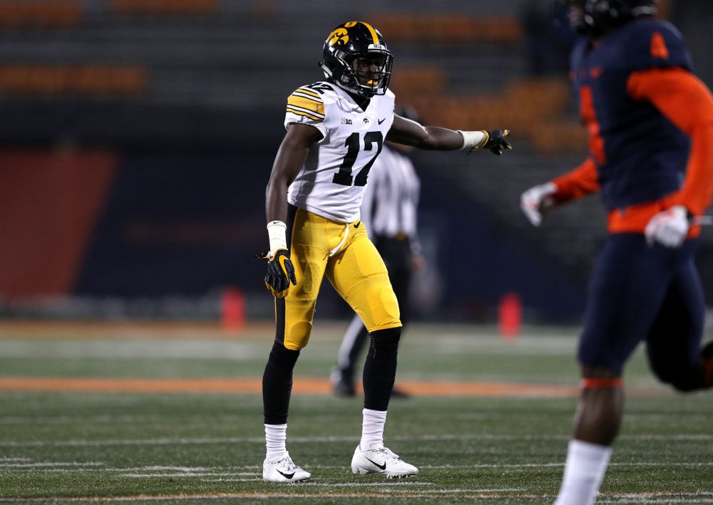 Iowa Hawkeyes defensive back D.J. Johnson (12) against the Illinois Fighting Illini Saturday, November 17, 2018 at Memorial Stadium in Champaign, Ill. (Brian Ray/hawkeyesports.com)