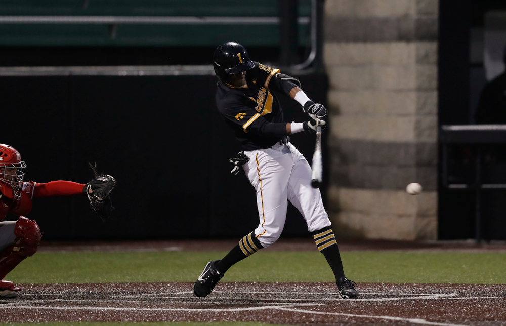 Iowa Hawkeyes third baseman Lorenzo Elion (1) against the Bradley Braves Wednesday, March 28, 2018 at Duane Banks Field. (Brian Ray/hawkeyesports.com)