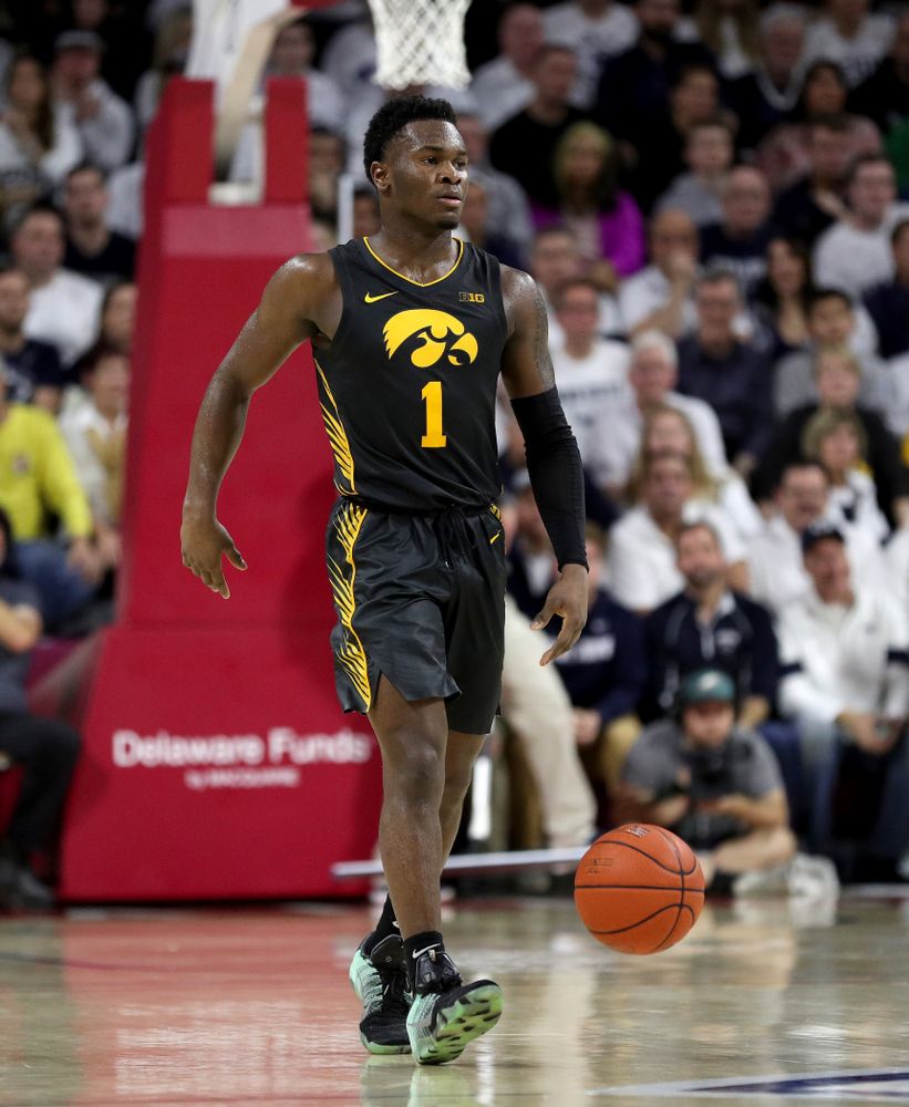 Iowa Hawkeyes guard Joe Toussaint (1) against Penn State Saturday, January 4, 2020 at the Palestra in Philadelphia. (Brian Ray/hawkeyesports.com)