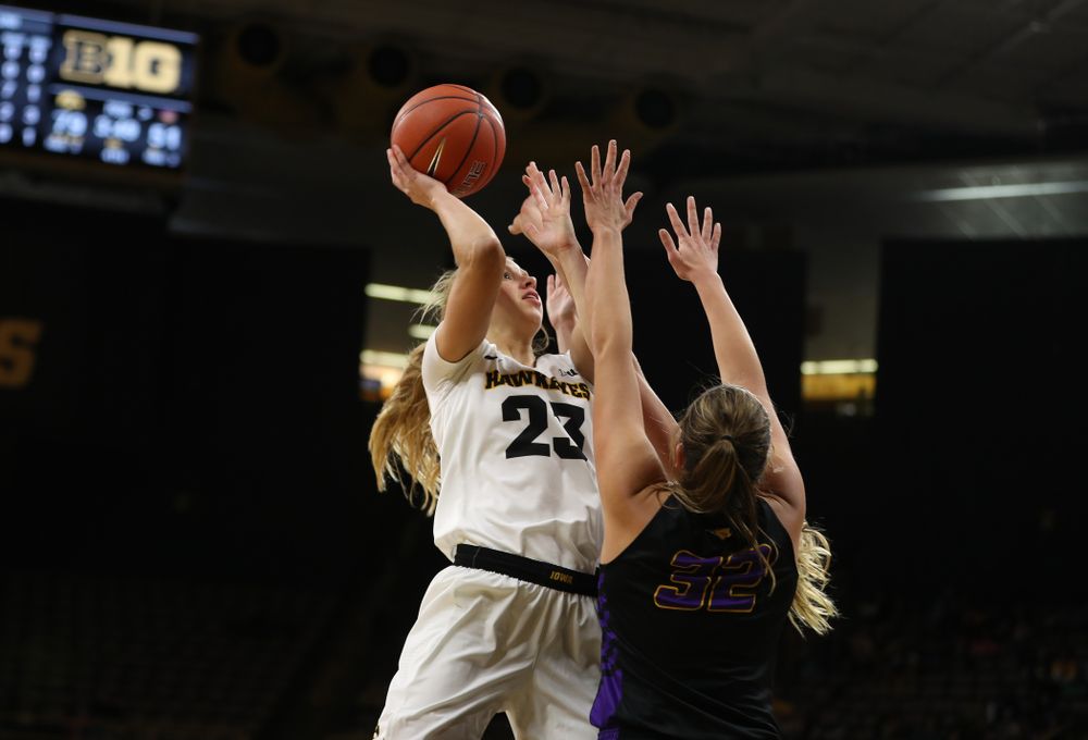 Iowa Hawkeyes forward Logan Cook (23) against the Northern Iowa Panthers in the Hy-Vee Classic Sunday, December 16, 2018 at Carver-Hawkeye Arena. (Brian Ray/hawkeyesports.com)