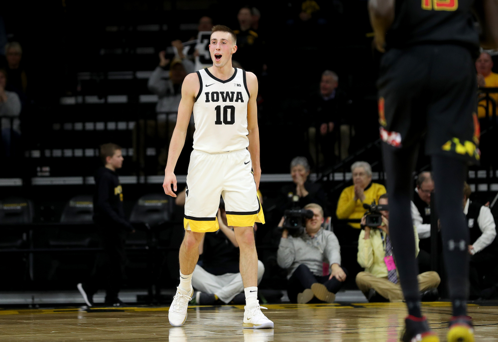 Iowa Hawkeyes guard Joe Wieskamp (10) celebrates a three point basket against the Maryland Terrapins Friday, January 10, 2020 at Carver-Hawkeye Arena. (Brian Ray/hawkeyesports.com)