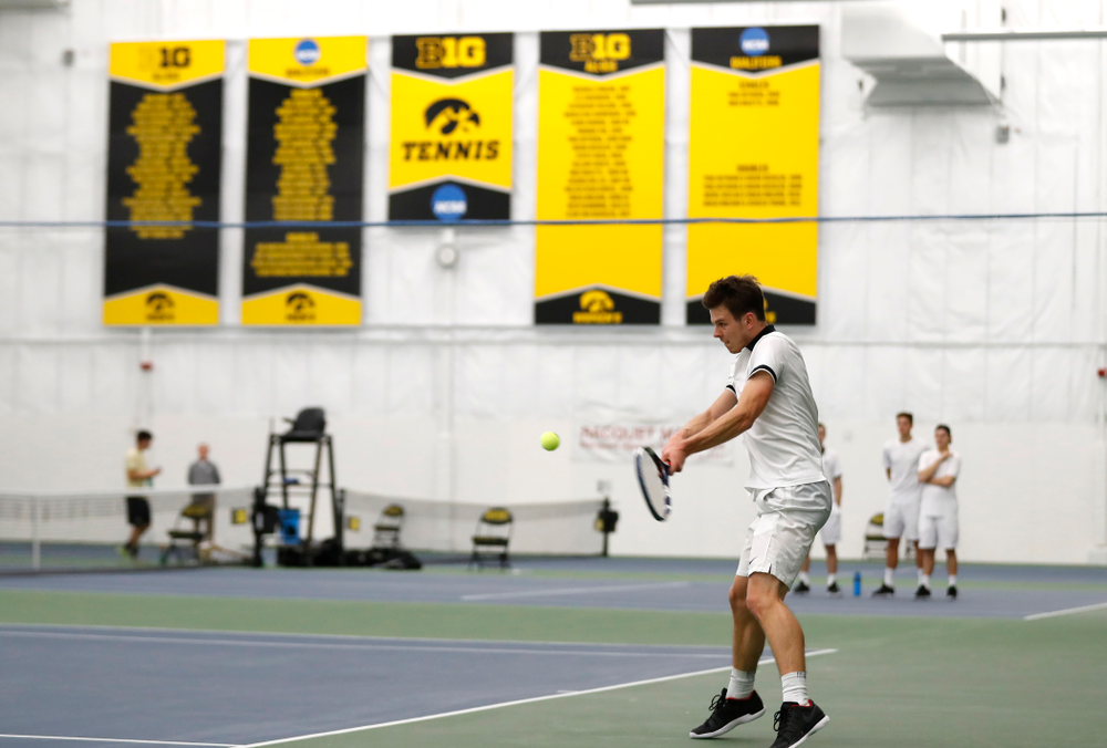 Piotr Smietana against Purdue Sunday, April 15, 2018 at the Hawkeye Tennis and Recreation Center. (Brian Ray/hawkeyesports.com)