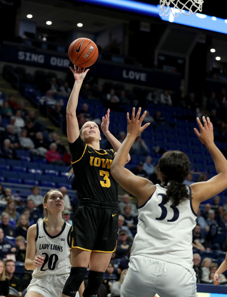 Iowa Hawkeyes guard Makenzie Meyer (3) against the Penn State Nittany Lions Thursday, January 30, 2020 at the Bryce Jordan Center. (Brian Ray/hawkeyesports.com)
