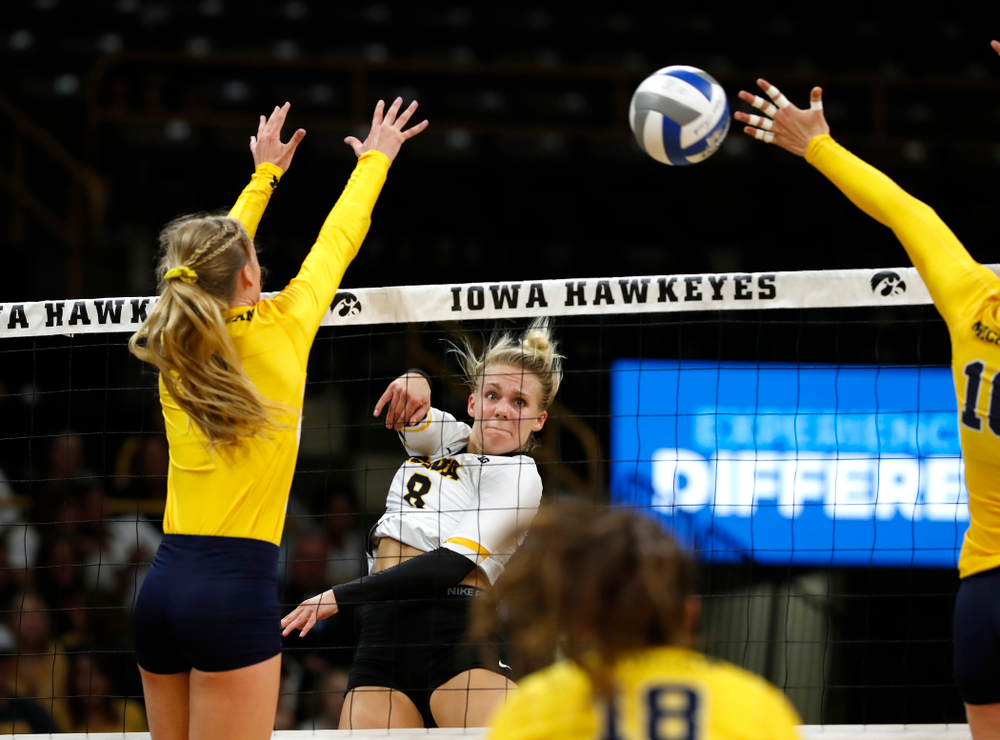 Iowa Hawkeyes right side hitter Reghan Coyle (8) against the Michigan Wolverines Sunday, September 23, 2018 at Carver-Hawkeye Arena. (Brian Ray/hawkeyesports.com)