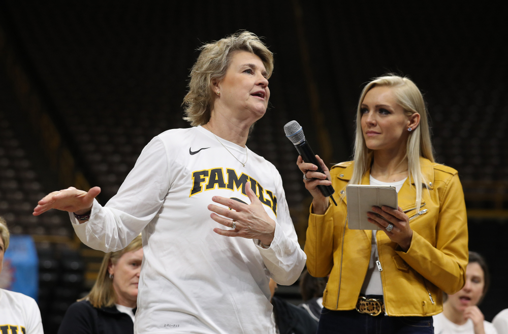 Iowa Hawkeyes head coach Lisa Bluder during a celebration of their Big Ten Women's Basketball Tournament championship Monday, March 18, 2019 at Carver-Hawkeye Arena. (Brian Ray/hawkeyesports.com)