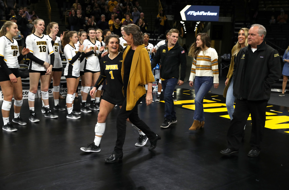 Iowa Hawkeyes defensive specialist Molly Kelly (1) during senior day activities before their game against the Ohio State Buckeyes Saturday, November 24, 2018 at Carver-Hawkeye Arena. (Brian Ray/hawkeyesports.com)