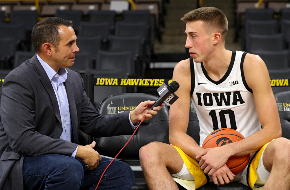 Iowa Hawkeyes guard Joe Wieskamp (10) answers questions during Iowa Men’s Basketball Media Day at Carver-Hawkeye Arena in Iowa City on Wednesday, Oct 9, 2019. (Stephen Mally/hawkeyesports.com)