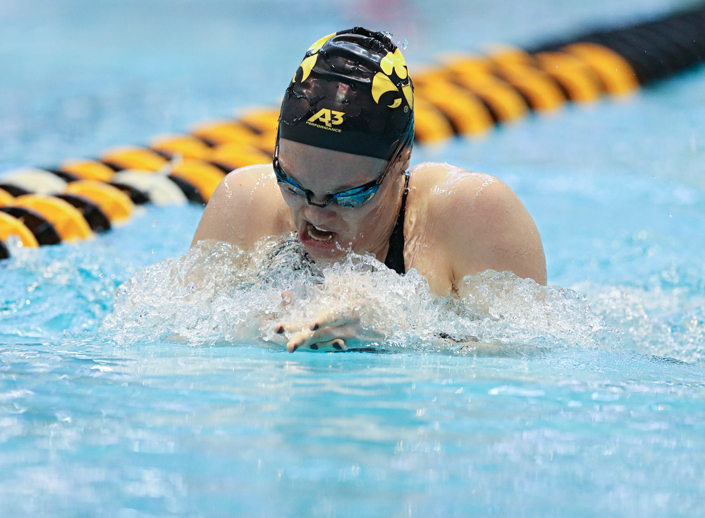 Iowa’s Georgia Clark swims the women’s 400 yard individual medley preliminary event during the 2020 Women’s Big Ten Swimming and Diving Championships at the Campus Recreation and Wellness Center in Iowa City on Friday, February 21, 2020. (Stephen Mally/hawkeyesports.com)