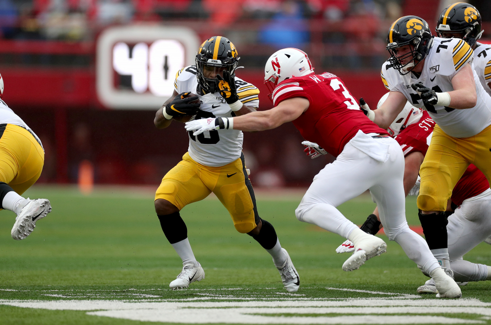 Iowa Hawkeyes running back Mekhi Sargent (10) against the Nebraska Cornhuskers Friday, November 29, 2019 at Memorial Stadium in Lincoln, Neb. (Brian Ray/hawkeyesports.com)