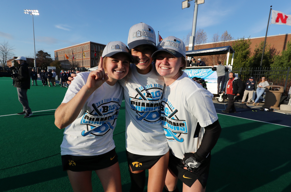 The Iowa Hawkeyes celebrate their victory over Penn State in the 2019 Big Ten Field Hockey Tournament Championship Game Sunday, November 10, 2019 in State College. (Brian Ray/hawkeyesports.com)