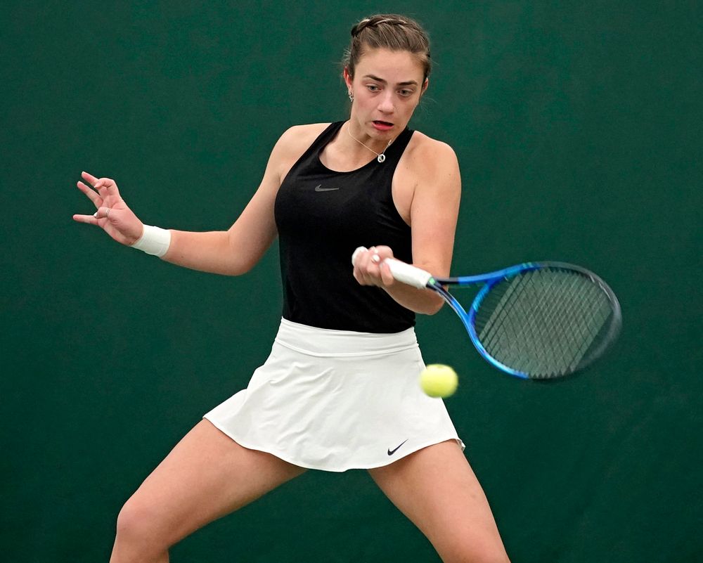 Iowa's Sophie Clark plays a match against Indiana at the Hawkeye Tennis and Recreation Complex in Iowa City on Sunday, Mar. 31, 2019. (Stephen Mally/hawkeyesports.com)