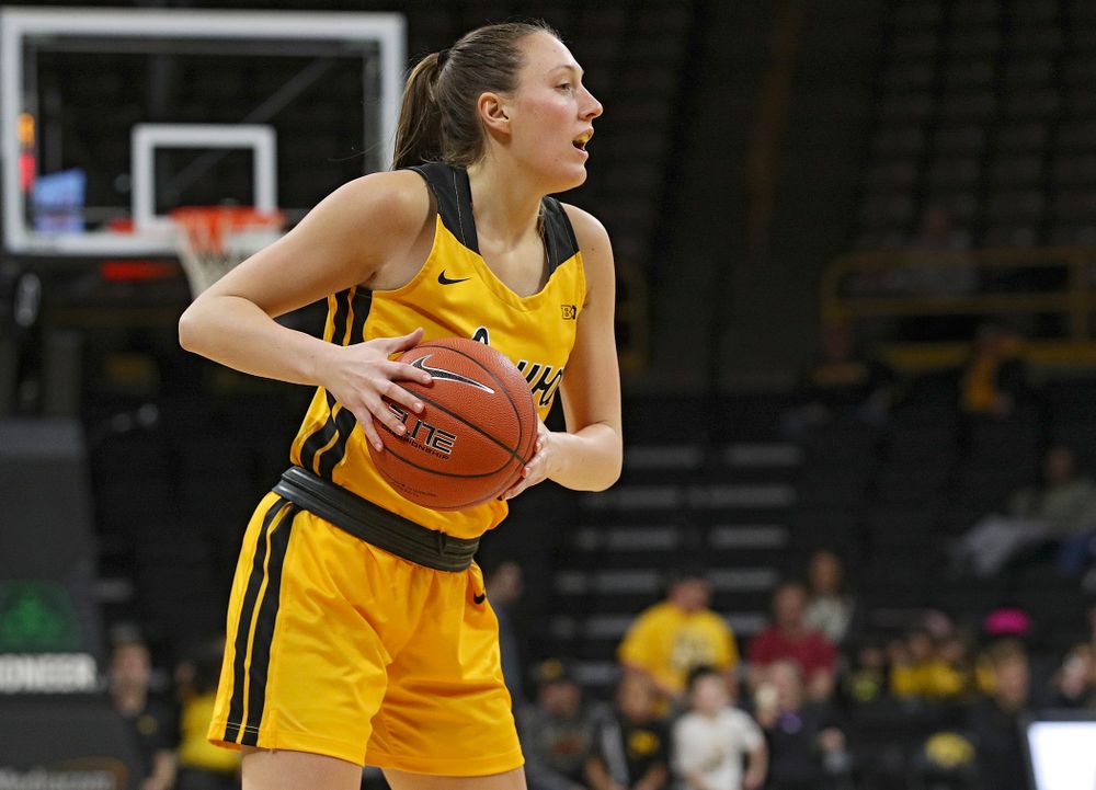 Iowa Hawkeyes forward Amanda Ollinger (43) looks to pass during the third quarter of their game at Carver-Hawkeye Arena in Iowa City on Thursday, January 23, 2020. (Stephen Mally/hawkeyesports.com)