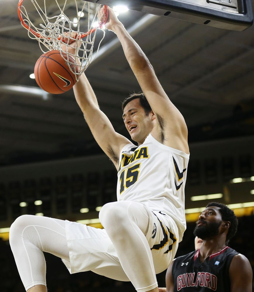 Iowa Hawkeyes forward Ryan Kriener (15) dunks the ball during a game against Guilford College at Carver-Hawkeye Arena on November 4, 2018. (Tork Mason/hawkeyesports.com)