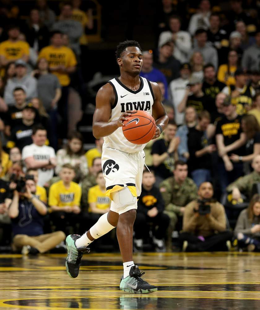 Iowa Hawkeyes guard Joe Toussaint (1) against Penn State Saturday, February 29, 2020 at Carver-Hawkeye Arena. (Brian Ray/hawkeyesports.com)