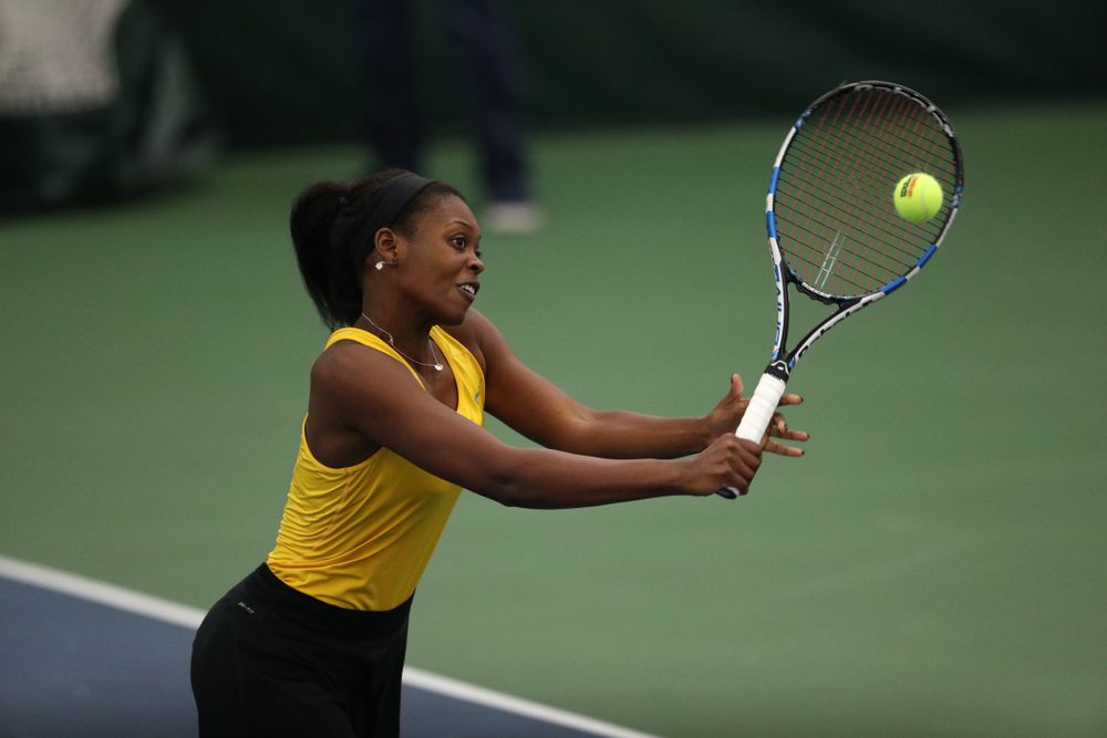 Iowa's Adorabol Huckleby plays a doubles match against Xavier Friday, January 18, 2019 at the Hawkeye Tennis and Recreation Center. (Brian Ray/hawkeyesports.com)