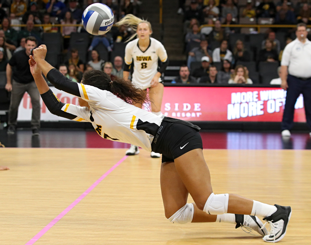 Iowa’s Brie Orr (7) dives for the ball during the second set of their volleyball match at Carver-Hawkeye Arena in Iowa City on Sunday, Oct 13, 2019. (Stephen Mally/hawkeyesports.com)